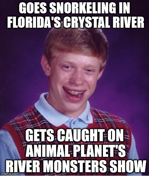 Bad Luck Brian | GOES SNORKELING IN FLORIDA'S CRYSTAL RIVER; GETS CAUGHT ON ANIMAL PLANET'S RIVER MONSTERS SHOW | image tagged in memes,bad luck brian | made w/ Imgflip meme maker