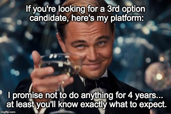 Leonardo Dicaprio Cheers Meme | If you're looking for a 3rd option candidate, here's my platform:; I promise not to do anything for 4 years... at least you'll know exactly what to expect. | image tagged in memes,leonardo dicaprio cheers | made w/ Imgflip meme maker