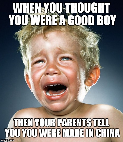 Trump Tantrum  | WHEN YOU THOUGHT YOU WERE A GOOD BOY; THEN YOUR PARENTS TELL YOU YOU WERE MADE IN CHINA | image tagged in trump tantrum | made w/ Imgflip meme maker