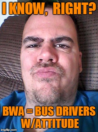 Scowl | I KNOW,  RIGHT? BWA = BUS DRIVERS W/ATTITUDE | image tagged in scowl | made w/ Imgflip meme maker