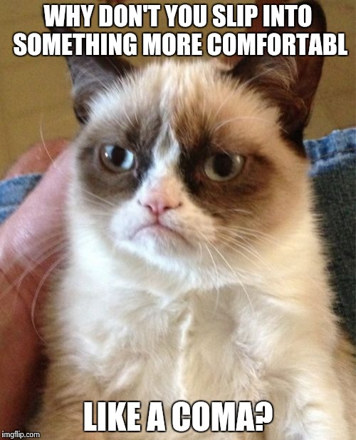 Grumpy Cat Meme | WHY DON'T YOU SLIP INTO SOMETHING MORE COMFORTABL; LIKE A COMA? | image tagged in memes,grumpy cat | made w/ Imgflip meme maker