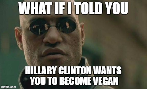 Matrix Morpheus Meme | WHAT IF I TOLD YOU HILLARY CLINTON WANTS YOU TO BECOME VEGAN | image tagged in memes,matrix morpheus | made w/ Imgflip meme maker