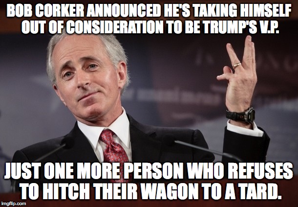 Bob Corker | BOB CORKER ANNOUNCED HE'S TAKING HIMSELF OUT OF CONSIDERATION TO BE TRUMP'S V.P. JUST ONE MORE PERSON WHO REFUSES TO HITCH THEIR WAGON TO A TARD. | image tagged in trump | made w/ Imgflip meme maker