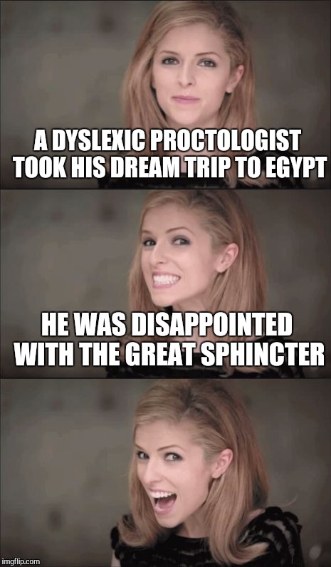 Bad Pun Anna Kendrick | A DYSLEXIC PROCTOLOGIST TOOK HIS DREAM TRIP TO EGYPT; HE WAS DISAPPOINTED WITH THE GREAT SPHINCTER | image tagged in memes,bad pun anna kendrick | made w/ Imgflip meme maker