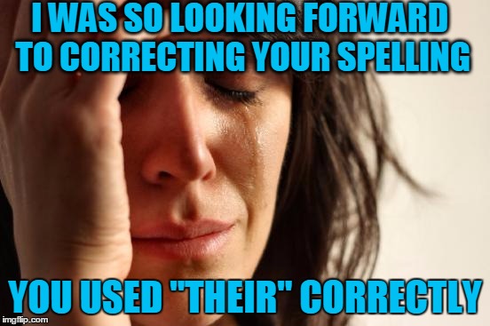 First World Problems Meme | I WAS SO LOOKING FORWARD TO CORRECTING YOUR SPELLING YOU USED "THEIR" CORRECTLY | image tagged in memes,first world problems | made w/ Imgflip meme maker