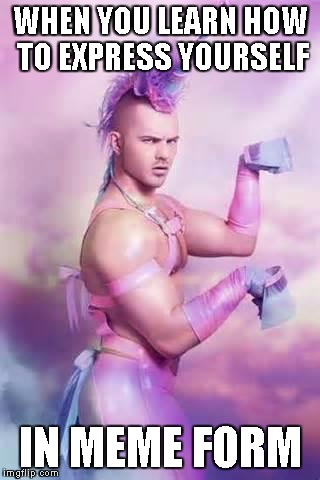 Gay Unicorn | WHEN YOU LEARN HOW TO EXPRESS YOURSELF; IN MEME FORM | image tagged in gay unicorn | made w/ Imgflip meme maker