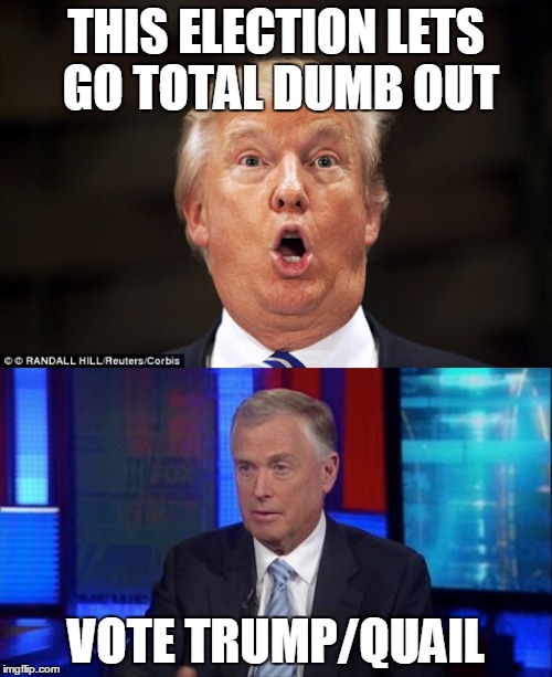 This election | THIS ELECTION LETS GO TOTAL DUMB OUT; VOTE TRUMP/QUAIL | image tagged in trump/quail | made w/ Imgflip meme maker