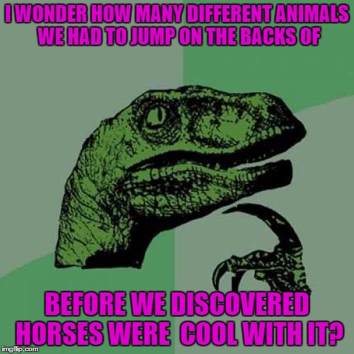 Philosoraptor Meme | I WONDER HOW MANY DIFFERENT ANIMALS WE HAD TO JUMP ON THE BACKS OF; BEFORE WE DISCOVERED HORSES WERE  COOL WITH IT? | image tagged in memes,philosoraptor | made w/ Imgflip meme maker