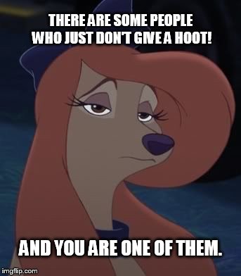 There Are Some People Who Just Don't Give A Hoot! | THERE ARE SOME PEOPLE WHO JUST DON'T GIVE A HOOT! AND YOU ARE ONE OF THEM. | image tagged in dixie,memes,disney,the fox and the hound 2,reba mcentire,dog | made w/ Imgflip meme maker