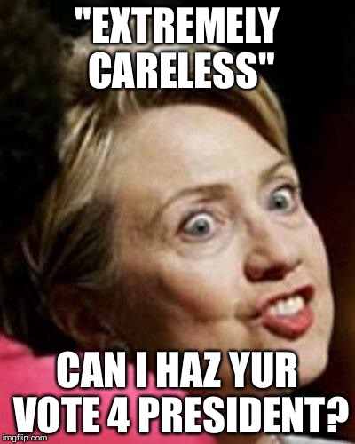 Hillary Clinton Fish | "EXTREMELY CARELESS"; CAN I HAZ YUR VOTE 4 PRESIDENT? | image tagged in hillary clinton fish | made w/ Imgflip meme maker