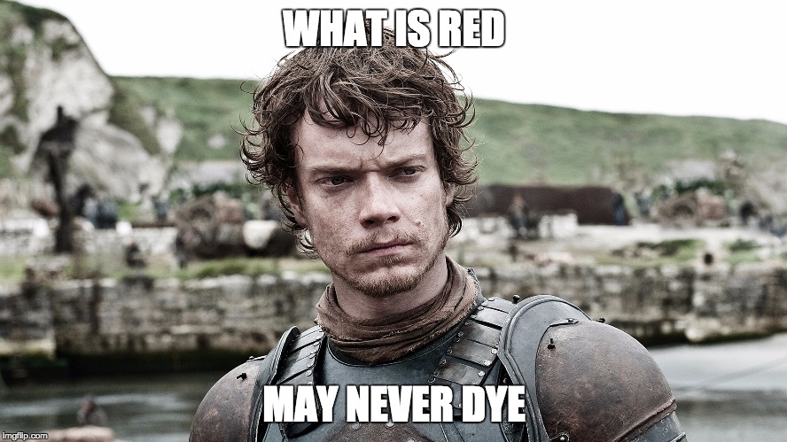 Theon Greyjoy | WHAT IS RED; MAY NEVER DYE | image tagged in theon greyjoy,AdviceAnimals | made w/ Imgflip meme maker