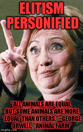 Hillary Clinton 2016  | ELITISM PERSONIFIED; "ALL ANIMALS ARE EQUAL, BUT SOME ANIMALS ARE MORE 'EQUAL' THAN OTHERS."--GEORGE ORWELL, "ANIMAL FARM" | image tagged in hillary clinton 2016 | made w/ Imgflip meme maker
