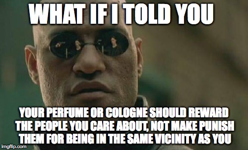 Matrix Morpheus Meme | WHAT IF I TOLD YOU; YOUR PERFUME OR COLOGNE SHOULD REWARD THE PEOPLE YOU CARE ABOUT, NOT MAKE PUNISH THEM FOR BEING IN THE SAME VICINITY AS YOU | image tagged in memes,matrix morpheus | made w/ Imgflip meme maker