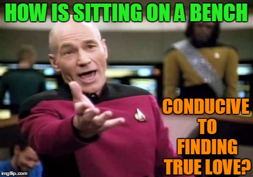 Picard Wtf Meme | HOW IS SITTING ON A BENCH CONDUCIVE TO FINDING TRUE LOVE? | image tagged in memes,picard wtf | made w/ Imgflip meme maker