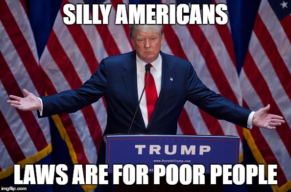 Donald Trump | SILLY AMERICANS; LAWS ARE FOR POOR PEOPLE | image tagged in donald trump | made w/ Imgflip meme maker