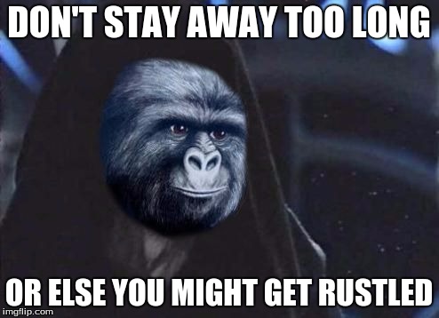 Emperor Rustling | DON'T STAY AWAY TOO LONG OR ELSE YOU MIGHT GET RUSTLED | image tagged in emperor rustling | made w/ Imgflip meme maker