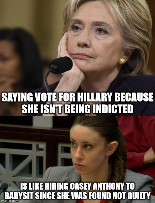 Clinton VS. Anthony | SAYING VOTE FOR HILLARY BECAUSE SHE ISN'T BEING INDICTED; IS LIKE HIRING CASEY ANTHONY TO BABYSIT SINCE SHE WAS FOUND NOT GUILTY | image tagged in political,memes,funny memes,funny,hillary clinton,murderer | made w/ Imgflip meme maker