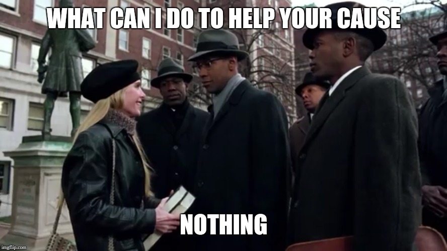 Nothing | WHAT CAN I DO TO HELP YOUR CAUSE; NOTHING | image tagged in malcolm x | made w/ Imgflip meme maker