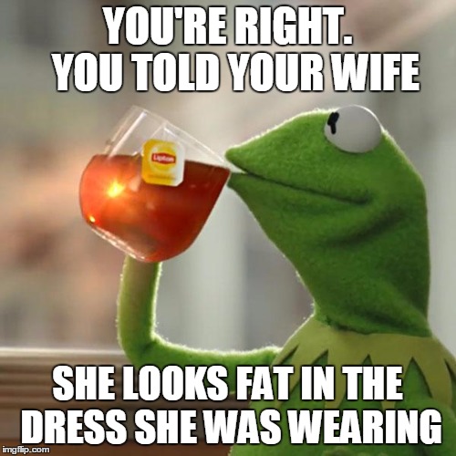 But That's None Of My Business Meme | YOU'RE RIGHT.  YOU TOLD YOUR WIFE SHE LOOKS FAT IN THE DRESS SHE WAS WEARING | image tagged in memes,but thats none of my business,kermit the frog | made w/ Imgflip meme maker