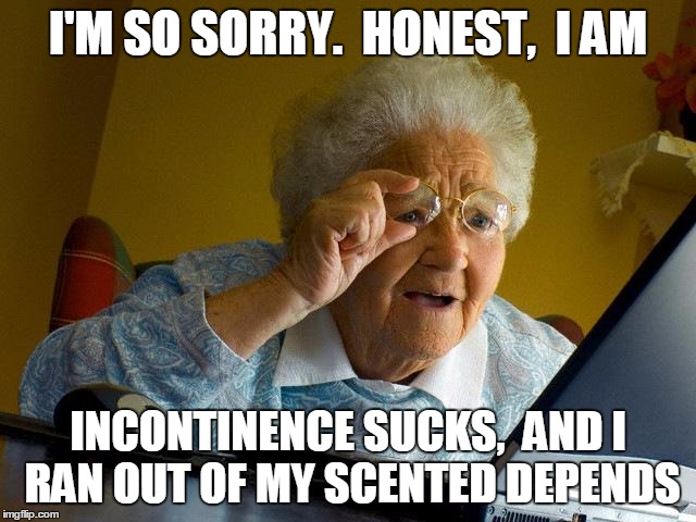 Grandma Finds The Internet Meme | I'M SO SORRY.  HONEST,  I AM INCONTINENCE SUCKS,  AND I RAN OUT OF MY SCENTED DEPENDS | image tagged in memes,grandma finds the internet | made w/ Imgflip meme maker