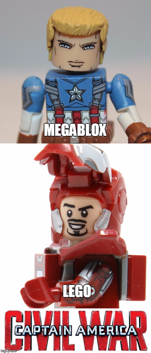 Prepare for the Lego Civil War! | MEGABLOX; LEGO | image tagged in lego minmate,lego,captain america,iron man,captain america civil war | made w/ Imgflip meme maker