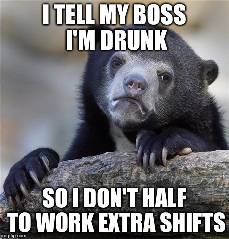 Confession Bear Meme | I TELL MY BOSS I'M DRUNK; SO I DON'T HALF TO WORK EXTRA SHIFTS | image tagged in memes,confession bear | made w/ Imgflip meme maker