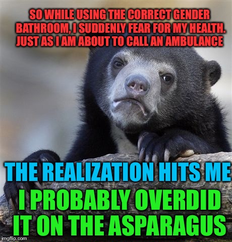 OH MY GOODNESS!!! I thought my kidneys actually died! | SO WHILE USING THE CORRECT GENDER BATHROOM, I SUDDENLY FEAR FOR MY HEALTH. JUST AS I AM ABOUT TO CALL AN AMBULANCE; THE REALIZATION HITS ME; I PROBABLY OVERDID IT ON THE ASPARAGUS | image tagged in memes,confession bear,urine,bad smell,dying | made w/ Imgflip meme maker