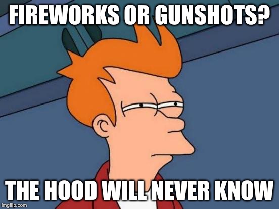 Futurama Fry | FIREWORKS OR GUNSHOTS? THE HOOD WILL NEVER KNOW | image tagged in memes,futurama fry | made w/ Imgflip meme maker