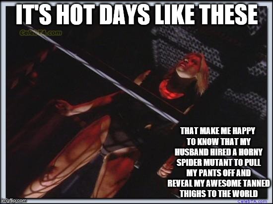 Jessica Collins | IT'S HOT DAYS LIKE THESE; THAT MAKE ME HAPPY TO KNOW THAT MY HUSBAND HIRED A HORNY SPIDER MUTANT TO PULL MY PANTS OFF AND REVEAL MY AWESOME TANNED THIGHS TO THE WORLD | image tagged in jessica collins | made w/ Imgflip meme maker
