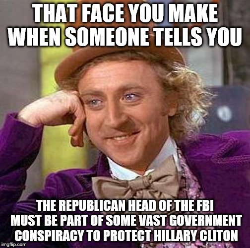 Creepy Condescending Wonka Meme | THAT FACE YOU MAKE WHEN SOMEONE TELLS YOU THE REPUBLICAN HEAD OF THE FBI MUST BE PART OF SOME VAST GOVERNMENT CONSPIRACY TO PROTECT HILLARY  | image tagged in memes,creepy condescending wonka | made w/ Imgflip meme maker