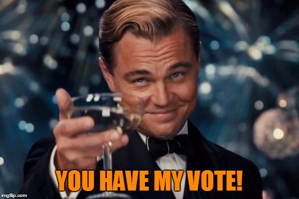 Leonardo Dicaprio Cheers Meme | YOU HAVE MY VOTE! | image tagged in memes,leonardo dicaprio cheers | made w/ Imgflip meme maker