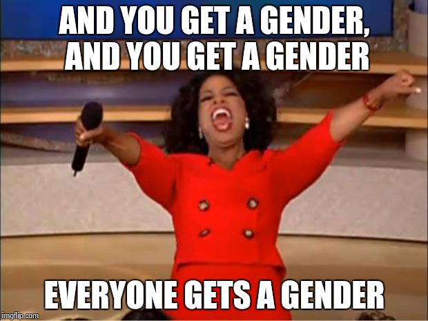 Oprah You Get A Meme | AND YOU GET A GENDER, AND YOU GET A GENDER; EVERYONE GETS A GENDER | image tagged in memes,oprah you get a | made w/ Imgflip meme maker