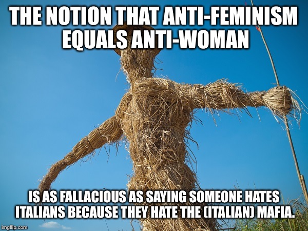 Strawman | THE NOTION THAT ANTI-FEMINISM EQUALS ANTI-WOMAN; IS AS FALLACIOUS AS SAYING SOMEONE HATES ITALIANS BECAUSE THEY HATE THE (ITALIAN) MAFIA. | image tagged in strawman | made w/ Imgflip meme maker