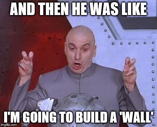Dr Evil Laser Meme | AND THEN HE WAS LIKE; I'M GOING TO BUILD A 'WALL' | image tagged in memes,dr evil laser | made w/ Imgflip meme maker