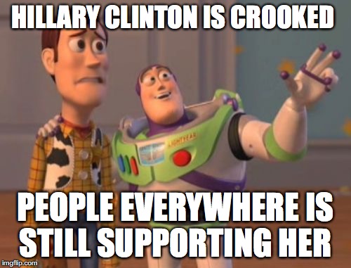 Crooked Hillary | HILLARY CLINTON IS CROOKED; PEOPLE EVERYWHERE IS STILL SUPPORTING HER | image tagged in memes,x x everywhere,hillary clinton 2016 | made w/ Imgflip meme maker