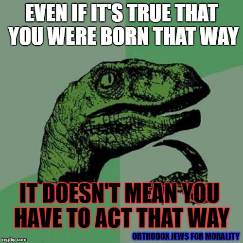 Philosoraptor Meme | EVEN IF IT'S TRUE THAT YOU WERE BORN THAT WAY; IT DOESN'T MEAN YOU HAVE TO ACT THAT WAY; ORTHODOX JEWS FOR MORALITY | image tagged in memes,philosoraptor | made w/ Imgflip meme maker