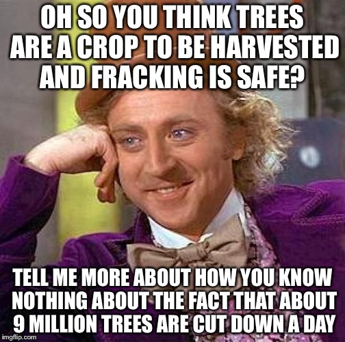 Creepy Condescending Wonka | OH SO YOU THINK TREES ARE A CROP TO BE HARVESTED AND FRACKING IS SAFE? TELL ME MORE ABOUT HOW YOU KNOW NOTHING ABOUT THE FACT THAT ABOUT 9 MILLION TREES ARE CUT DOWN A DAY | image tagged in memes,creepy condescending wonka | made w/ Imgflip meme maker