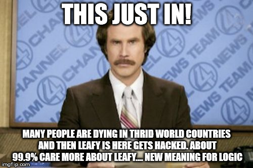 Ron Burgundy Meme | THIS JUST IN! MANY PEOPLE ARE DYING IN THRID WORLD COUNTRIES AND THEN LEAFY IS HERE GETS HACKED. ABOUT 99.9% CARE MORE ABOUT LEAFY.... NEW MEANING FOR LOGIC | image tagged in memes,ron burgundy | made w/ Imgflip meme maker