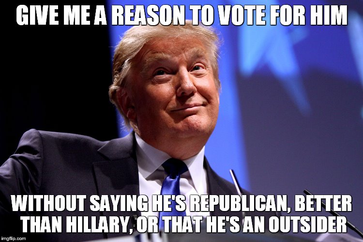 Donald Trump No2 | GIVE ME A REASON TO VOTE FOR HIM; WITHOUT SAYING HE'S REPUBLICAN, BETTER THAN HILLARY, OR THAT HE'S AN OUTSIDER | image tagged in donald trump no2 | made w/ Imgflip meme maker