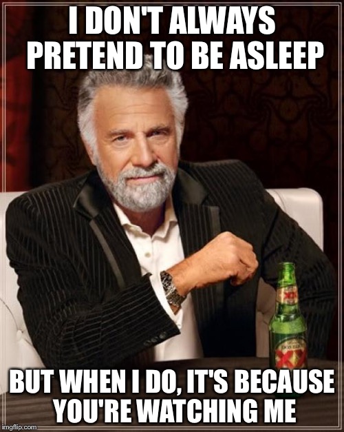 The Most Interesting Man In The World Meme | I DON'T ALWAYS PRETEND TO BE ASLEEP BUT WHEN I DO, IT'S BECAUSE YOU'RE WATCHING ME | image tagged in memes,the most interesting man in the world | made w/ Imgflip meme maker