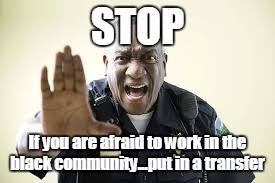 STOP; If you are afraid to work in the black community...put in a transfer | image tagged in police brutality,death,gun control,black lives matter | made w/ Imgflip meme maker