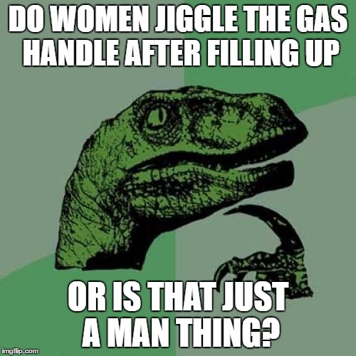 Philosoraptor Meme | DO WOMEN JIGGLE THE GAS HANDLE AFTER FILLING UP; OR IS THAT JUST A MAN THING? | image tagged in memes,philosoraptor | made w/ Imgflip meme maker