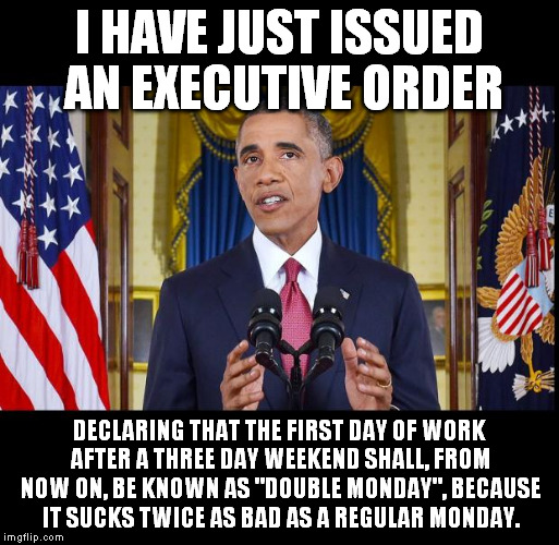 FINALLY! He has done something RIGHT! | I HAVE JUST ISSUED AN EXECUTIVE ORDER; DECLARING THAT THE FIRST DAY OF WORK AFTER A THREE DAY WEEKEND SHALL, FROM NOW ON, BE KNOWN AS "DOUBLE MONDAY", BECAUSE IT SUCKS TWICE AS BAD AS A REGULAR MONDAY. | image tagged in obama speech bars,memes,executive orders | made w/ Imgflip meme maker
