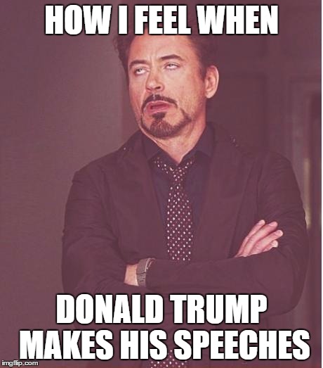 Face You Make Robert Downey Jr | HOW I FEEL WHEN; DONALD TRUMP MAKES HIS SPEECHES | image tagged in memes,face you make robert downey jr | made w/ Imgflip meme maker