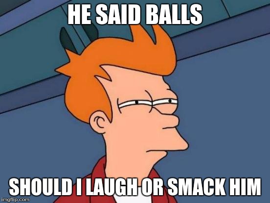 Futurama Fry | HE SAID BALLS; SHOULD I LAUGH OR SMACK HIM | image tagged in memes,futurama fry | made w/ Imgflip meme maker