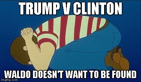 Cast no vote, or third party. | TRUMP V CLINTON; WALDO DOESN'T WANT TO BE FOUND | image tagged in tornado drill,donald trump,trump,hillary clinton,hillary,upvote | made w/ Imgflip meme maker
