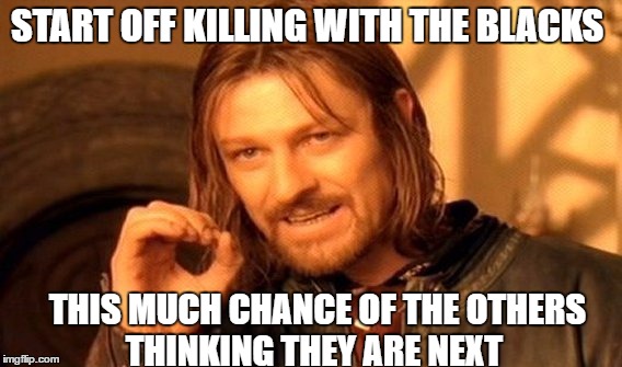One Does Not Simply | START OFF KILLING WITH THE BLACKS; THIS MUCH CHANCE OF THE OTHERS THINKING THEY ARE NEXT | image tagged in memes,one does not simply | made w/ Imgflip meme maker