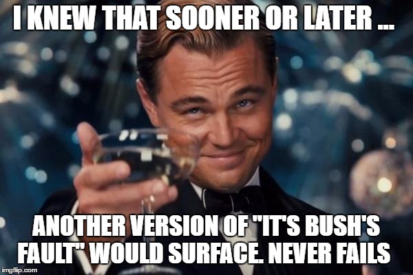 Leonardo Dicaprio Cheers Meme | I KNEW THAT SOONER OR LATER ... ANOTHER VERSION OF "IT'S BUSH'S FAULT" WOULD SURFACE. NEVER FAILS | image tagged in memes,leonardo dicaprio cheers | made w/ Imgflip meme maker