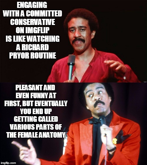 committed conservative #8: not really intellectual Bill Hicks types | ENGAGING WITH A COMMITTED CONSERVATIVE ON IMGFLIP IS LIKE WATCHING A RICHARD PRYOR ROUTINE; PLEASANT AND EVEN FUNNY AT FIRST, BUT EVENTUALLY YOU END UP GETTING CALLED VARIOUS PARTS OF THE FEMALE ANATOMY | image tagged in conservative,liberal vs conservative,politics | made w/ Imgflip meme maker