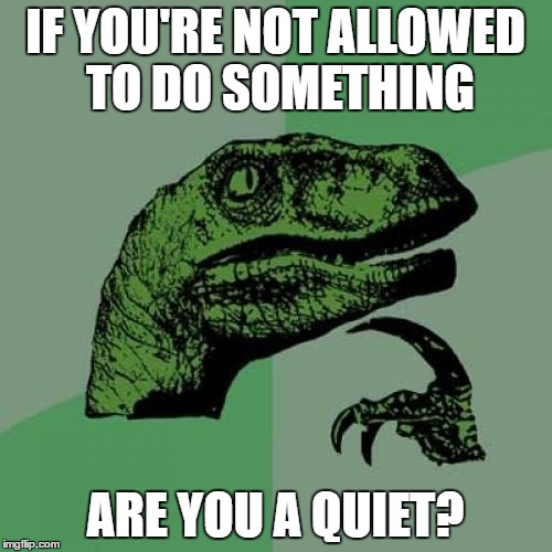 Philosoraptor | IF YOU'RE NOT ALLOWED TO DO SOMETHING; ARE YOU A QUIET? | image tagged in memes,philosoraptor | made w/ Imgflip meme maker